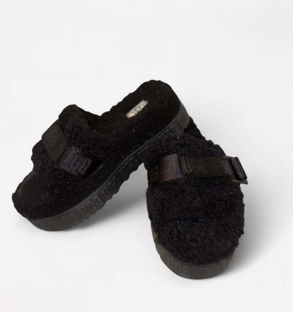 UGG Fluffita Black Shearling Platform Slide Sandals